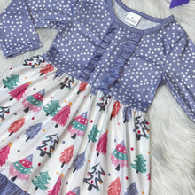 Load image into Gallery viewer, Lavender &amp; Pink Christmas Tree Printed Long Sleeve Dress
