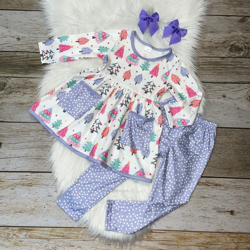 Lavender & Pink Christmas Tree Printed Pocket Tunic Set