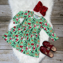 Load image into Gallery viewer, Green Santa&#39;s Sleigh and Reindeer Printed Long Sleeve Dress
