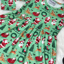 Load image into Gallery viewer, Green Santa&#39;s Sleigh and Reindeer Printed Long Sleeve Dress

