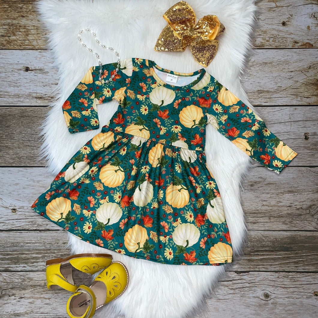 Green & Yellow Long Sleeve Pumpkin Dress