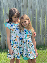Load image into Gallery viewer, Aqua and Blue Floral Halter Tunic Top and Ruffle Shorts
