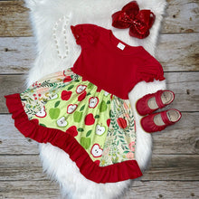 Load image into Gallery viewer, Red &amp; Green Apple Printed Back to School Dress
