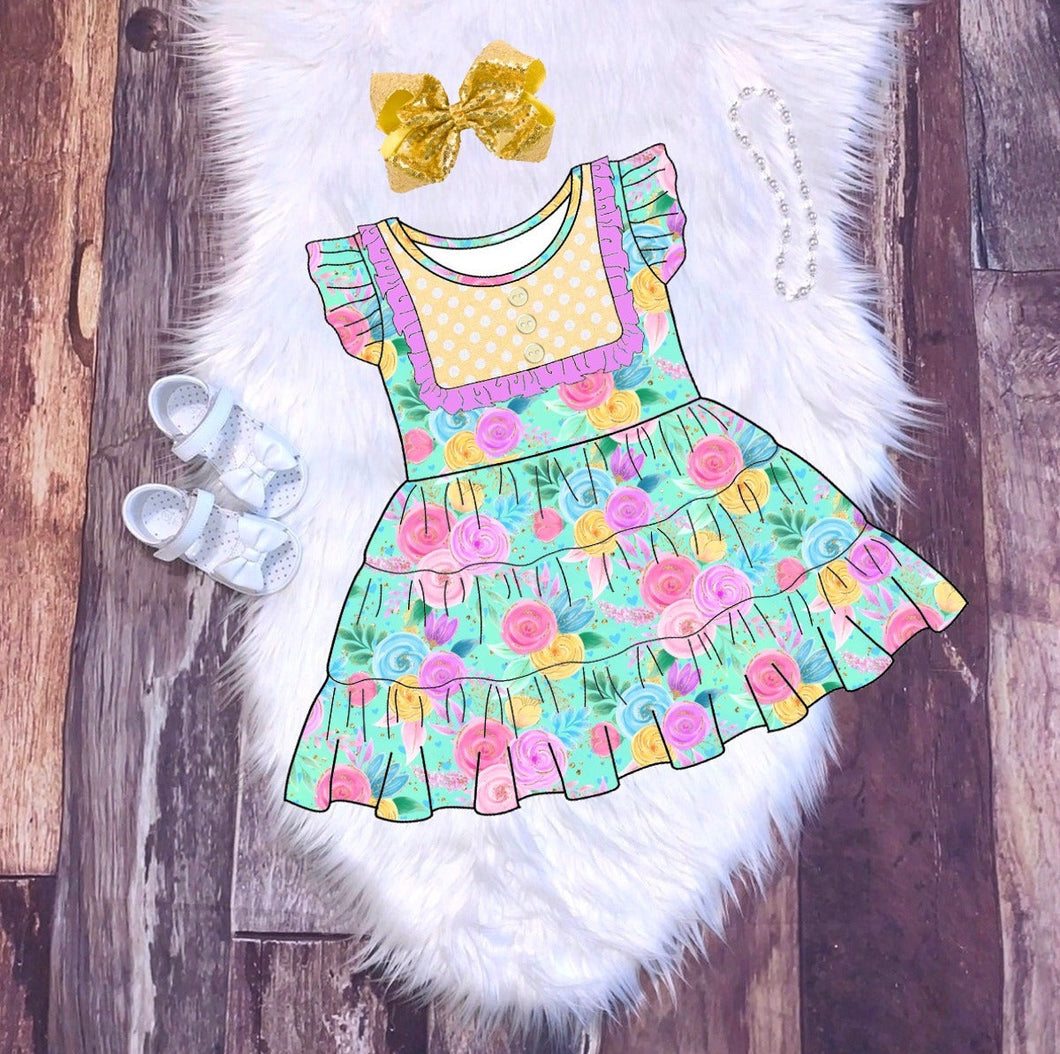 May Flowers Tiered Flutter Sleeve Dress in Aqua