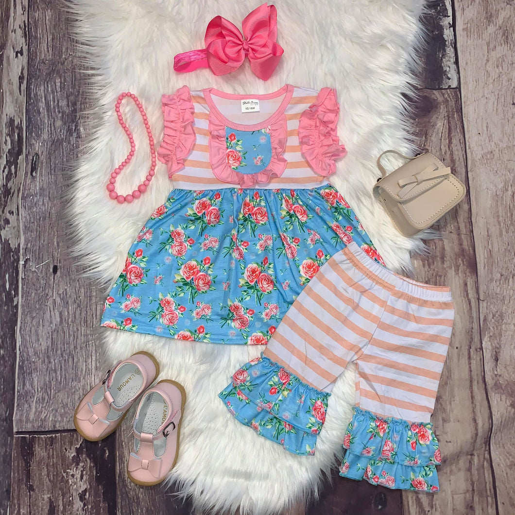 Blue and Pink Floral Tunic and Capri Set