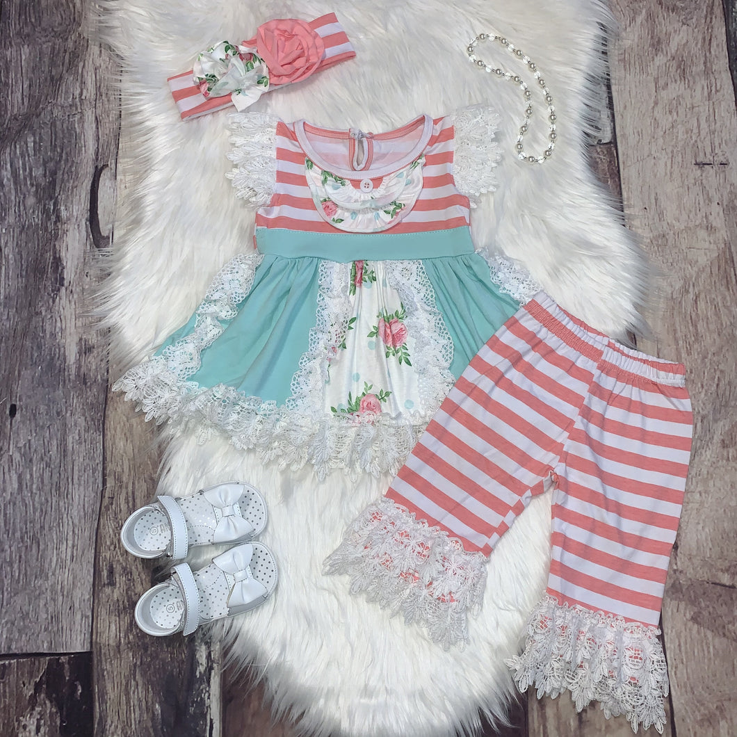 Coral and Mint Lace Ruffle Tunic Set