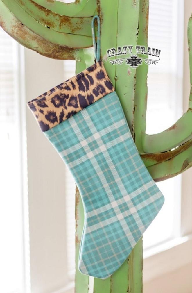 Crazy Train - Sassy Santa Leopard and Turquoise Plaid Christmas Stocking