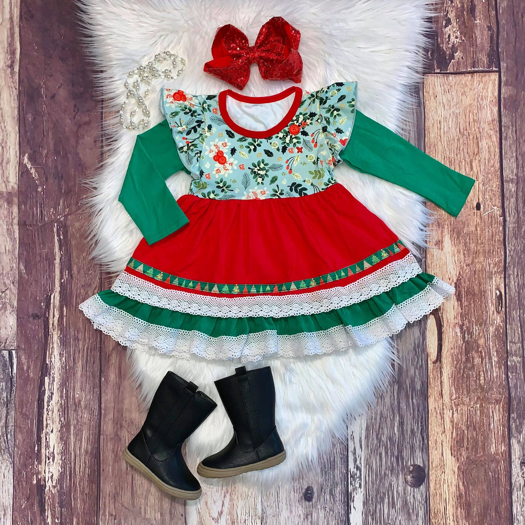 Holly Floral Christmas Dress with Lace Trim