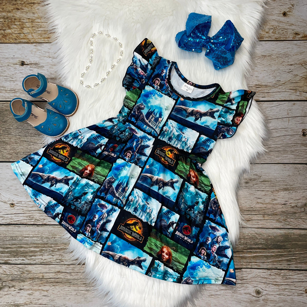Dinosaur Movie Printed Flutter Sleeve Dress