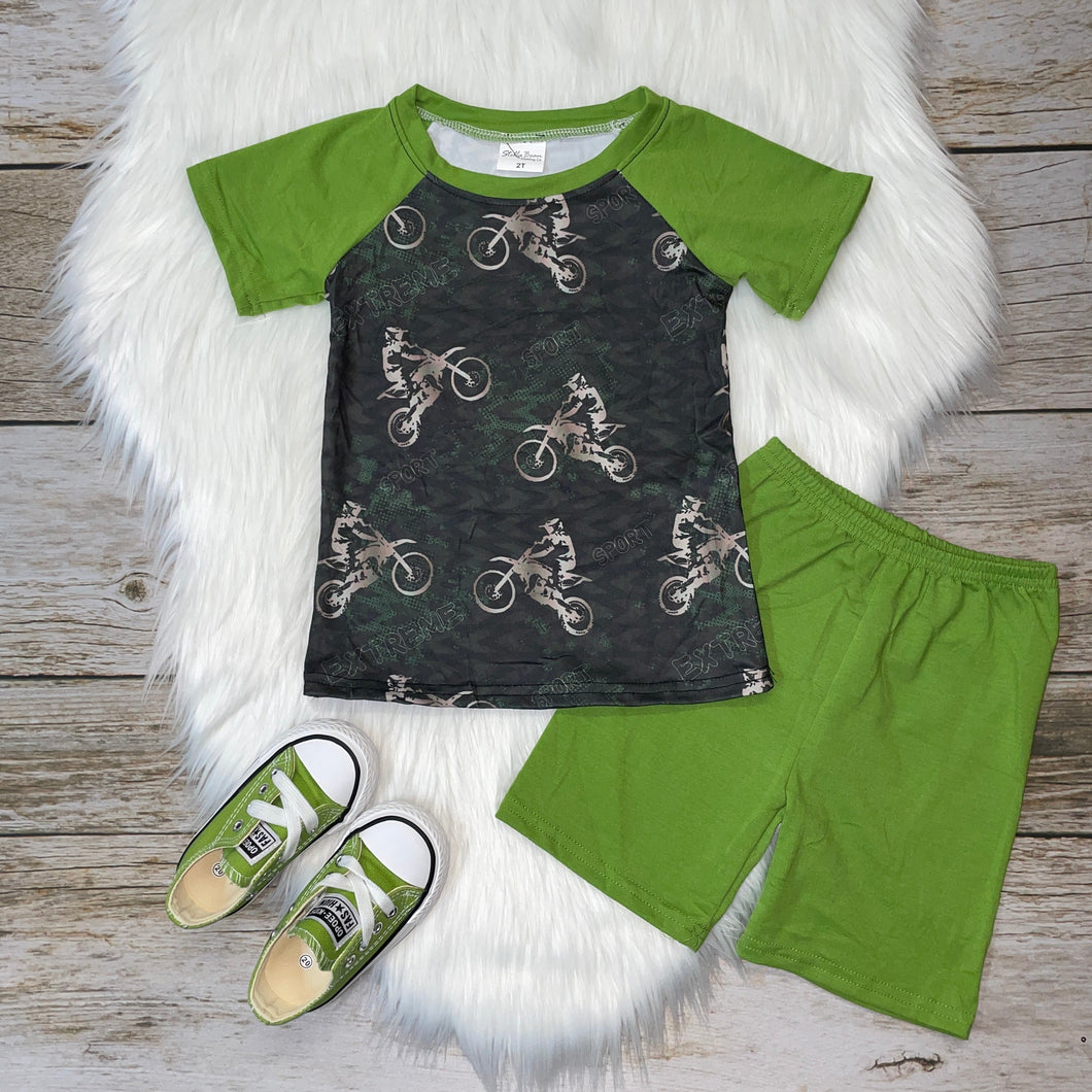 Green Extreme Sport Dirt Bike Printed Raglan and Short Set