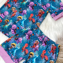 Load image into Gallery viewer, Dino Characters Teal &amp; Lavender Short Sleeve Loungewear Set
