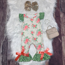 Load image into Gallery viewer, Green and Coral Ruffle Flutter Sleeve Romper
