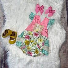 Load image into Gallery viewer, Pink &amp; Mint Green Floral Eyelet Ruffle Bubble Romper
