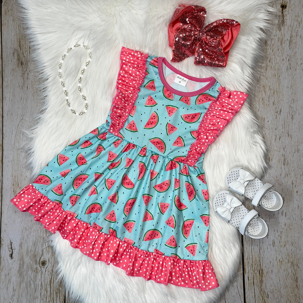 Aqua Watermelon Print Dress with Coral Polka Dot Ruffles