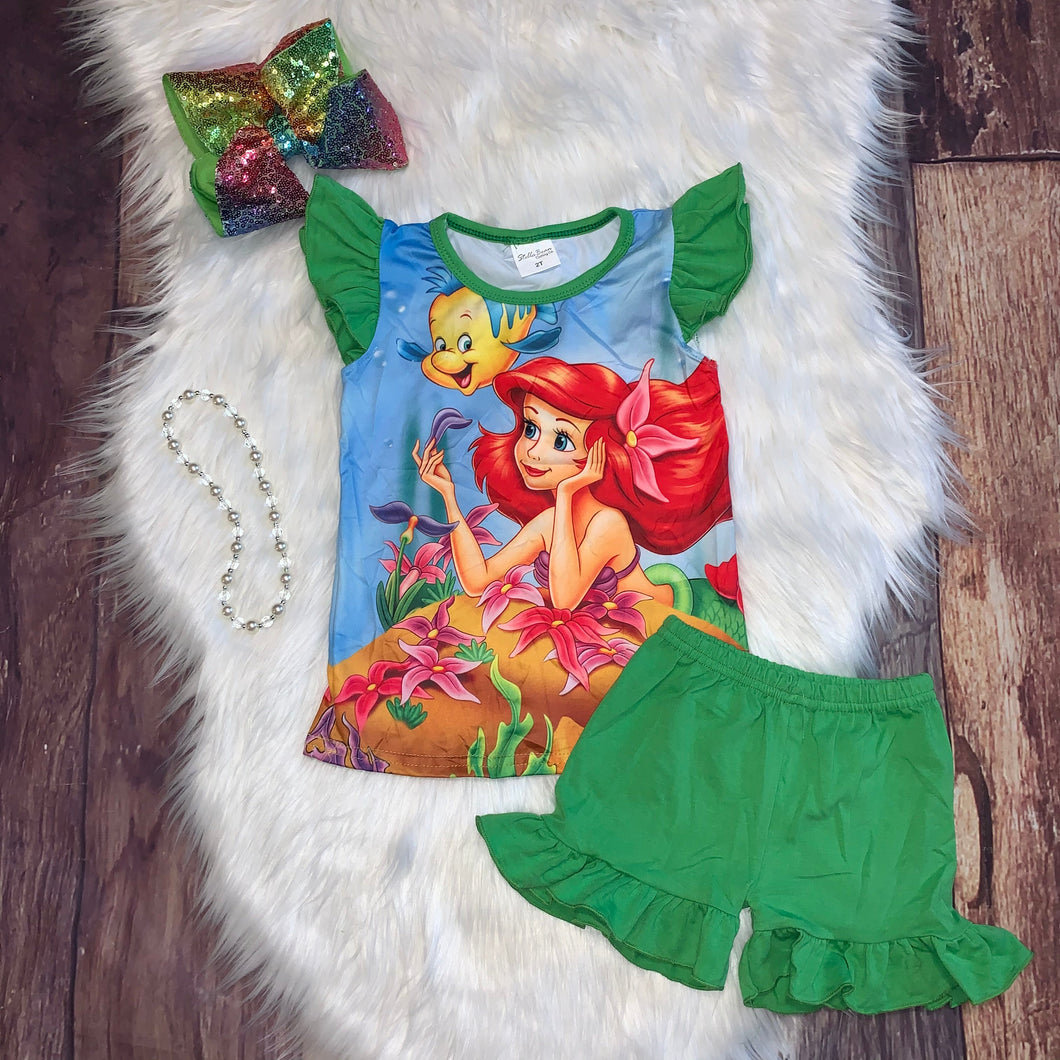 Green Flutter Sleeve Tee & Ruffle Shorts Set - Mermaid