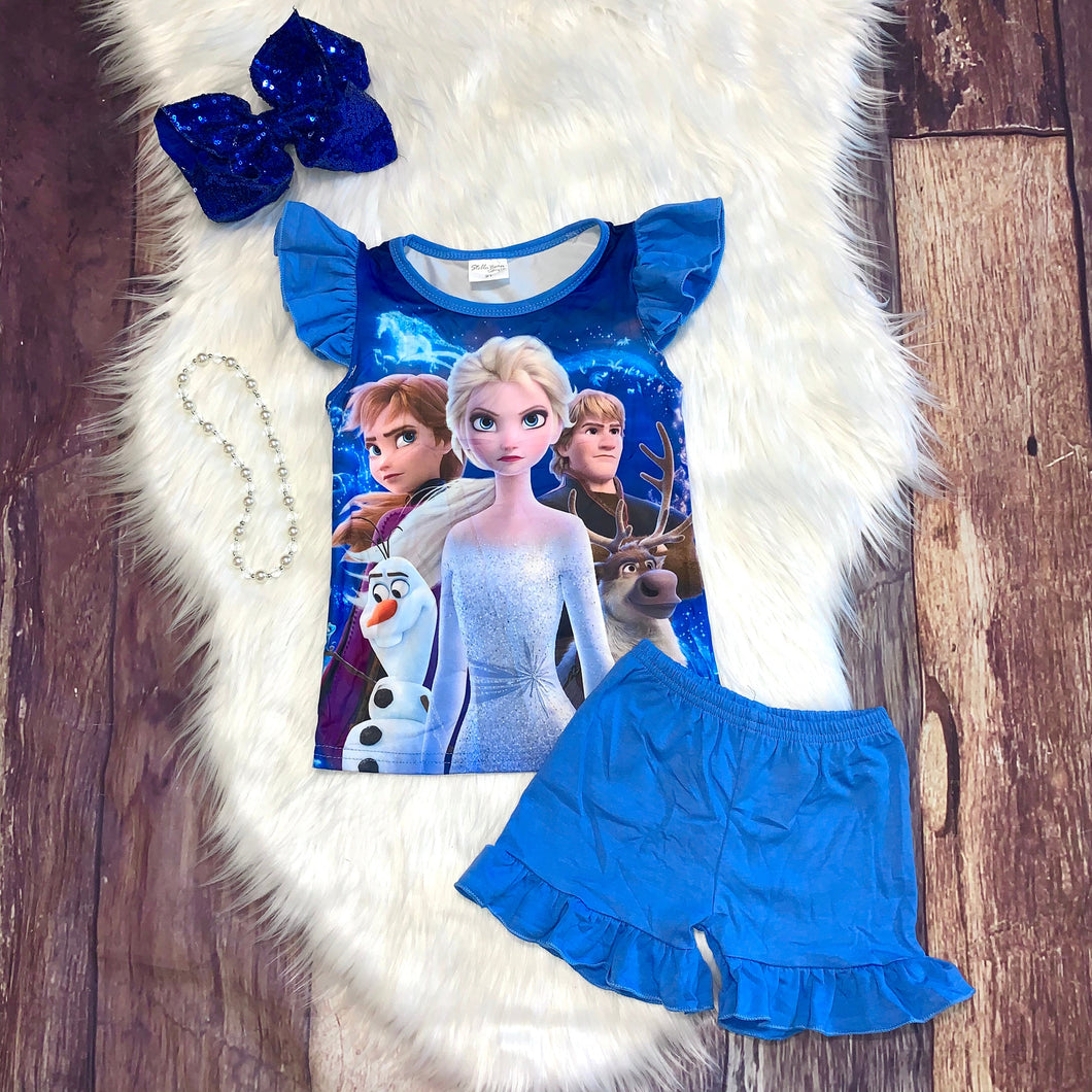 Blue Flutter Sleeve Tee & Ruffle Shorts Set - Ice Princess