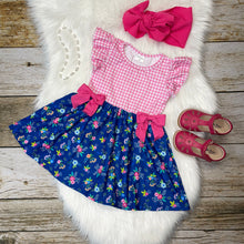 Load image into Gallery viewer, Hot Pink and Navy Blue Floral Mid-Twirl Dress
