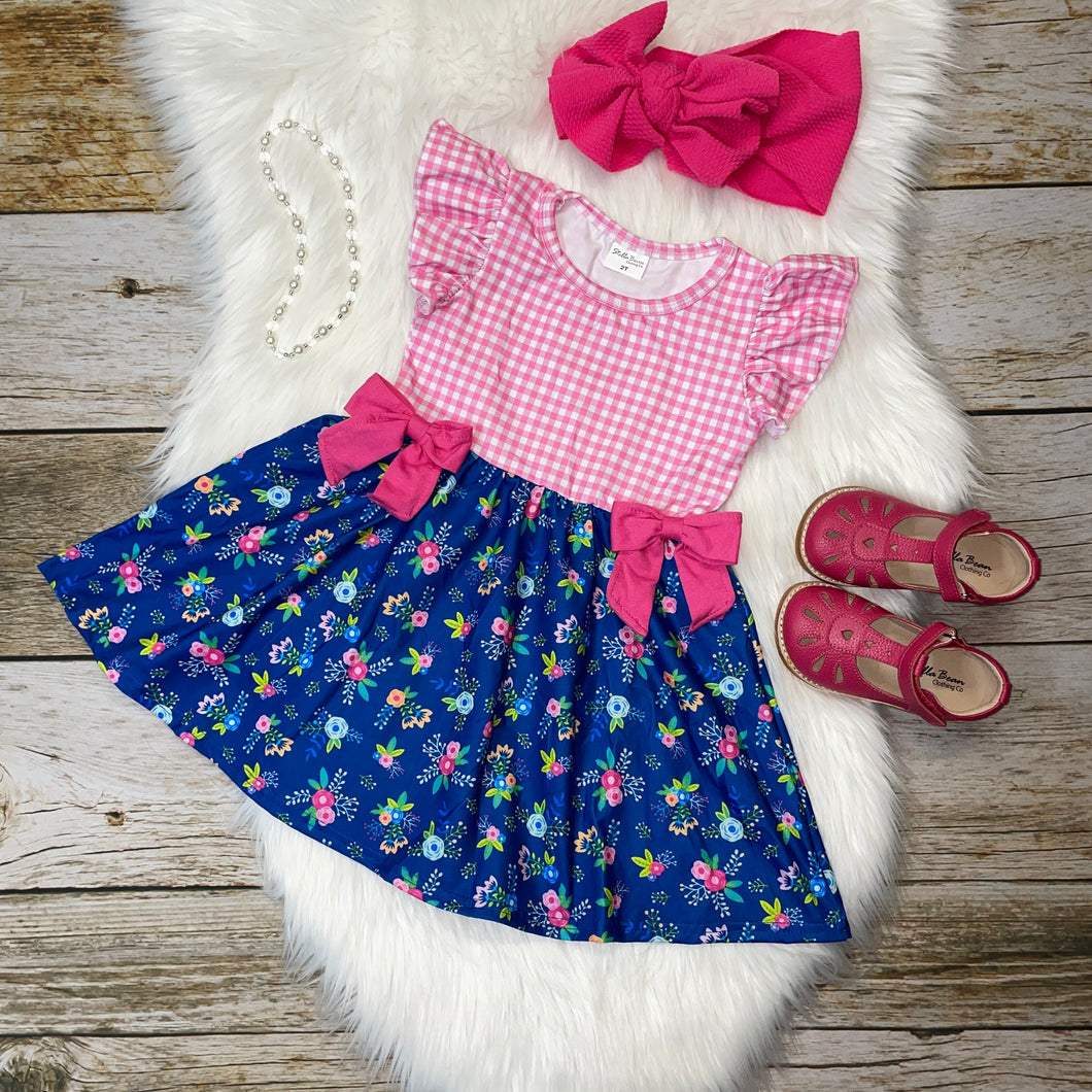 Hot Pink and Navy Blue Floral Mid-Twirl Dress