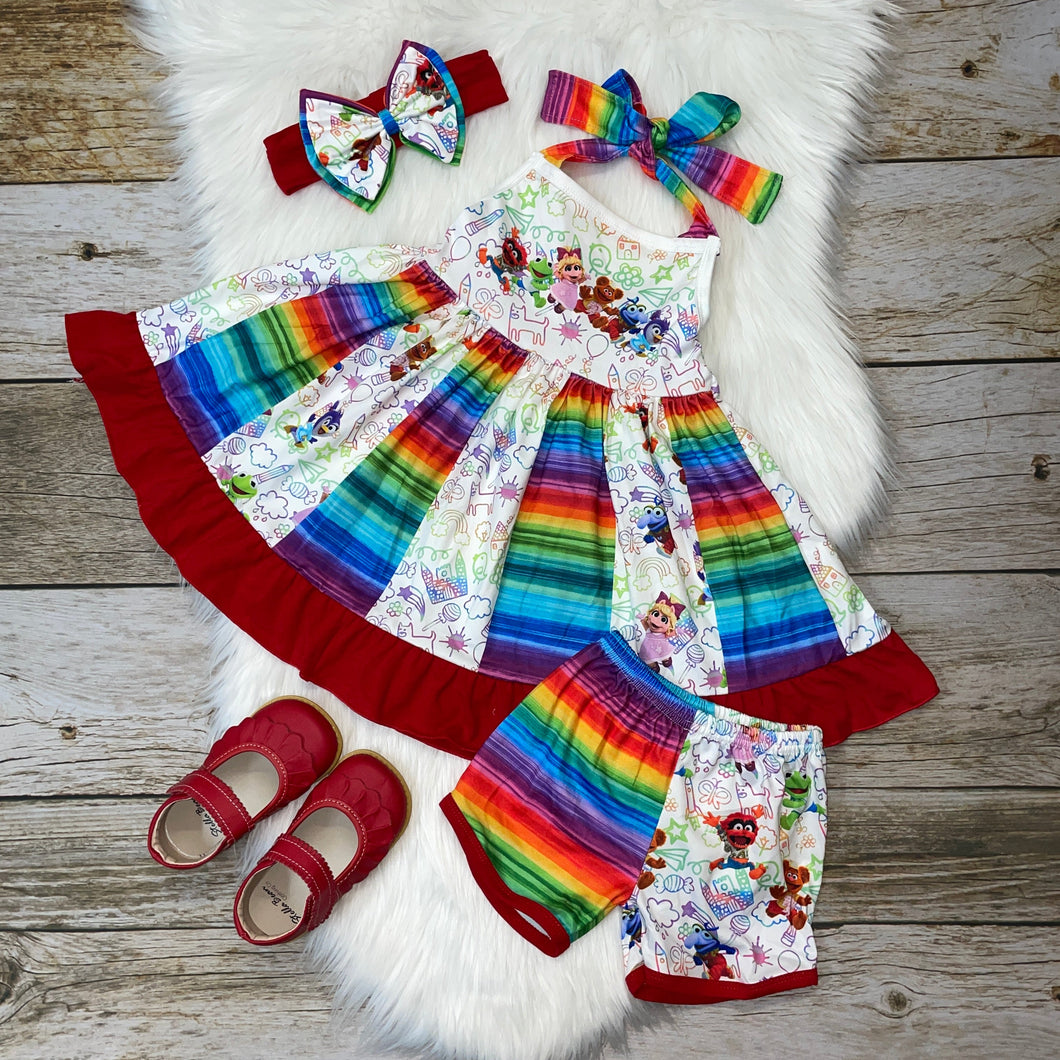 Baby Puppet Rainbow Twirl Dress and Shorties with Headband