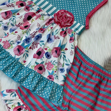 Load image into Gallery viewer, Blue Polka Dot and Pink Floral Tunic and Short Set
