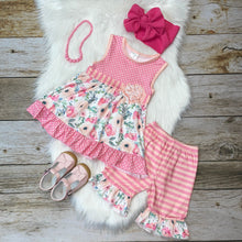 Load image into Gallery viewer, Pink Polka Dot and Cream Floral Tunic and Short Set
