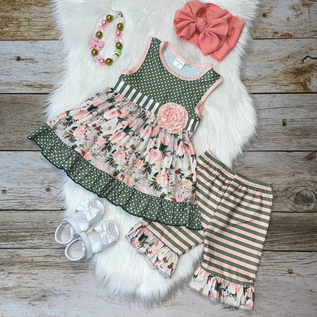 Green Polka Dot and Cream Floral Tunic and Short Set