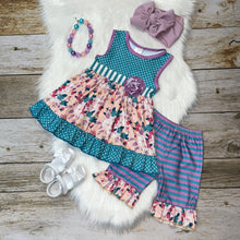Load image into Gallery viewer, Teal Polka Dot and Lavender Floral Tunic and Short Set
