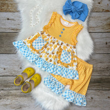 Load image into Gallery viewer, Yellow Bumble Bee Tunic and Short Set with Blue Check Print Ruffle
