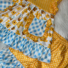 Load image into Gallery viewer, Yellow Bumble Bee Tunic and Short Set with Blue Check Print Ruffle
