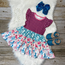 Load image into Gallery viewer, Raspberry &amp; Fuchsia Mermaid Print Flutter Sleeve Dress
