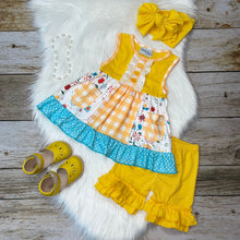 Load image into Gallery viewer, Yellow Pocket Tunic and Short Set with Blue Polka Dot Ruffle
