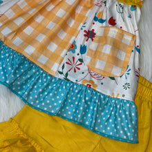 Load image into Gallery viewer, Yellow Pocket Tunic and Short Set with Blue Polka Dot Ruffle
