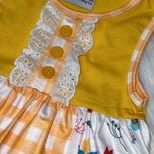 Load image into Gallery viewer, Yellow Pocket Tunic and Short Set with Blue Polka Dot Ruffle
