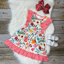 Load image into Gallery viewer, Pink &amp; Yellow Floral Sleeveless Dress with Polka Dot Ruffles
