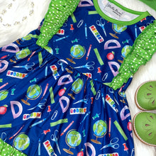 Load image into Gallery viewer, Dark Blue Back to School Dress with Green Polka Dot Ruffle
