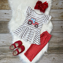 Load image into Gallery viewer, Red &amp; Grey Embroidered Tractor Peplum and Capris Set
