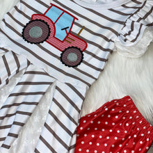 Load image into Gallery viewer, Red &amp; Grey Embroidered Tractor Peplum and Capris Set
