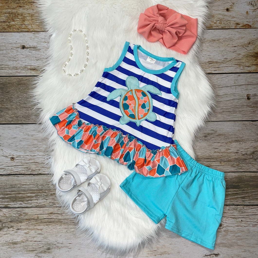 Blue and Teal Embroidered Sea Turtle Ruffle Tunic Set