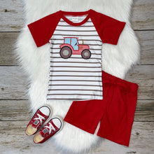 Load image into Gallery viewer, Red &amp; Grey Embroidered Tractor Raglan and Short Set
