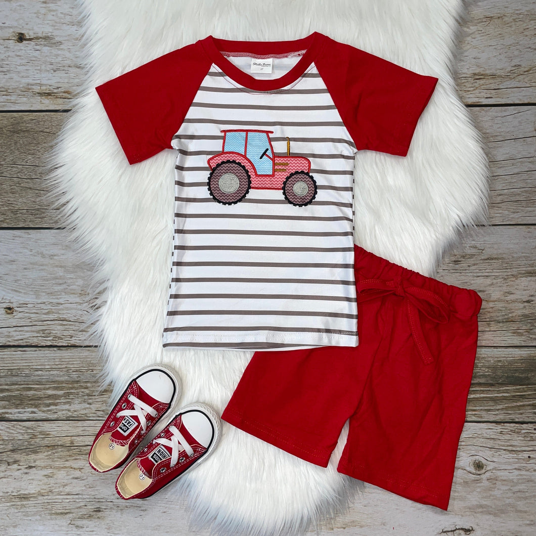 Red & Grey Embroidered Tractor Raglan and Short Set