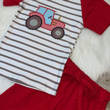 Load image into Gallery viewer, Red &amp; Grey Embroidered Tractor Raglan and Short Set
