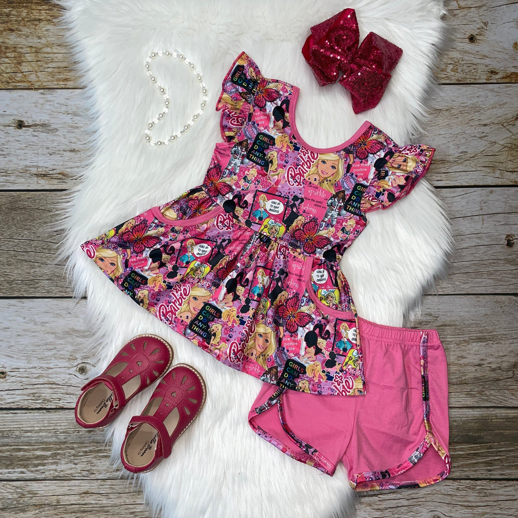Pink Girl's Can Do Anything Doll Flutter Sleeve Peplum Set