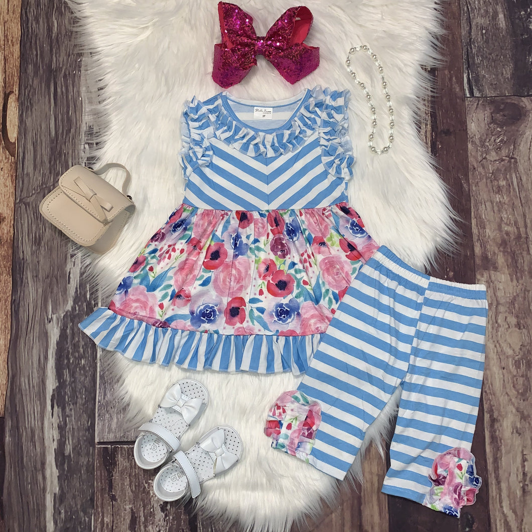 Blue Stripe Watercolor Ruffle Tunic and Capri Leggings