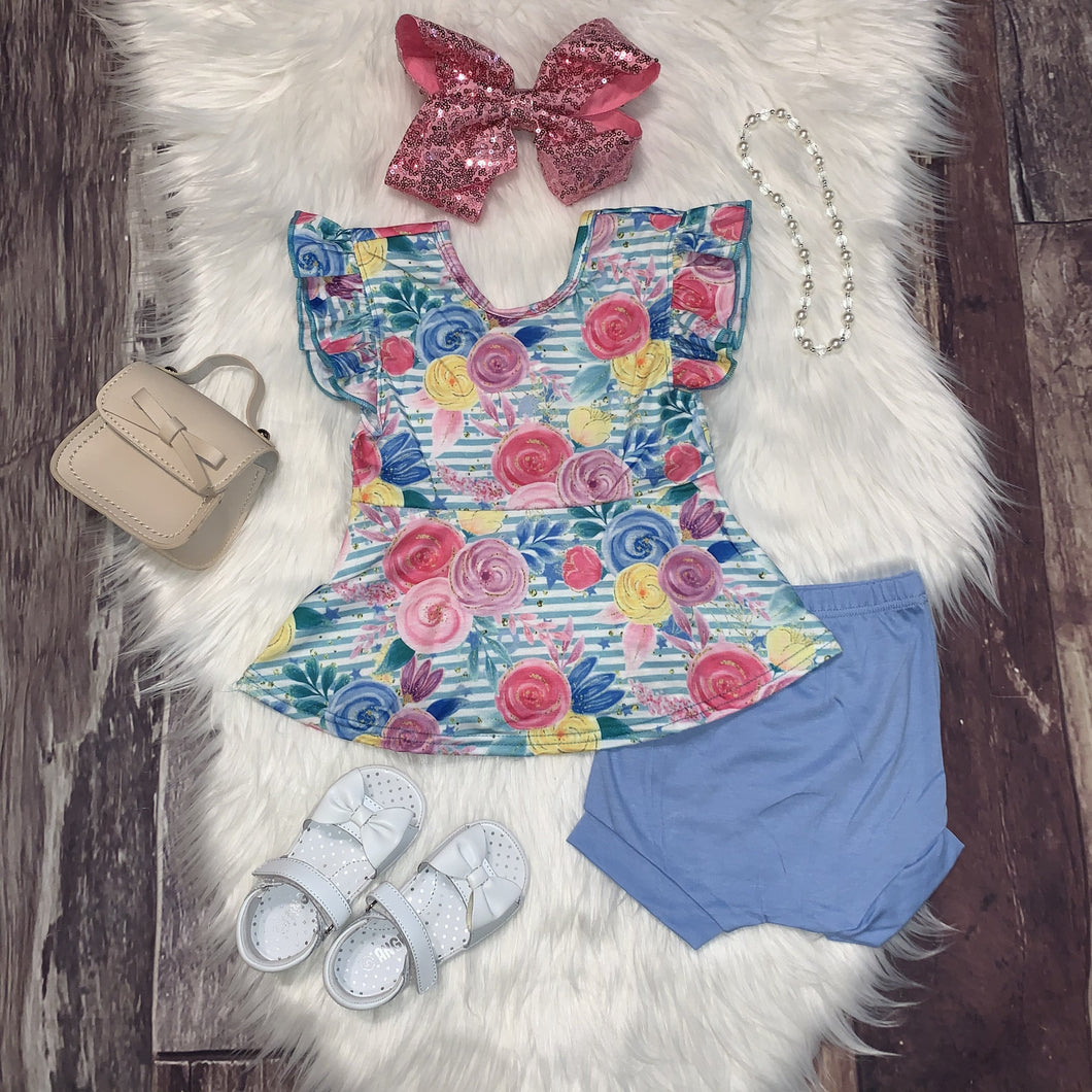 Blue and Pink Watercolor Floral Peplum Set