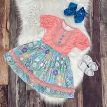 Load image into Gallery viewer, Pretty in Paisley Coral &amp; Blue Ruffle Trim Dress
