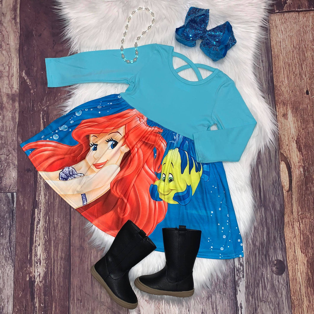 Printed Mid-Twirl Long Sleeve Dress - Mermaid Princess