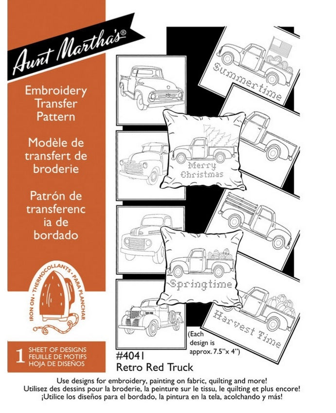 Aunt Martha's Hand Embroidery Iron-on Transfer Pattern - Retro Red Pickup Truck