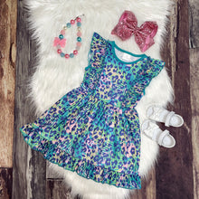 Load image into Gallery viewer, Teal and Pink Leopard Ruffle Sleeveless Dress
