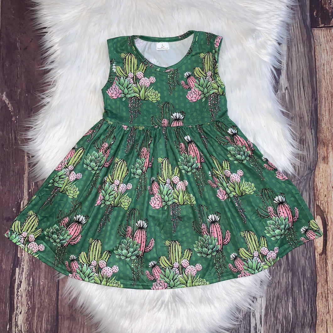Cactus Printed Partial-Twirl Summer Dress