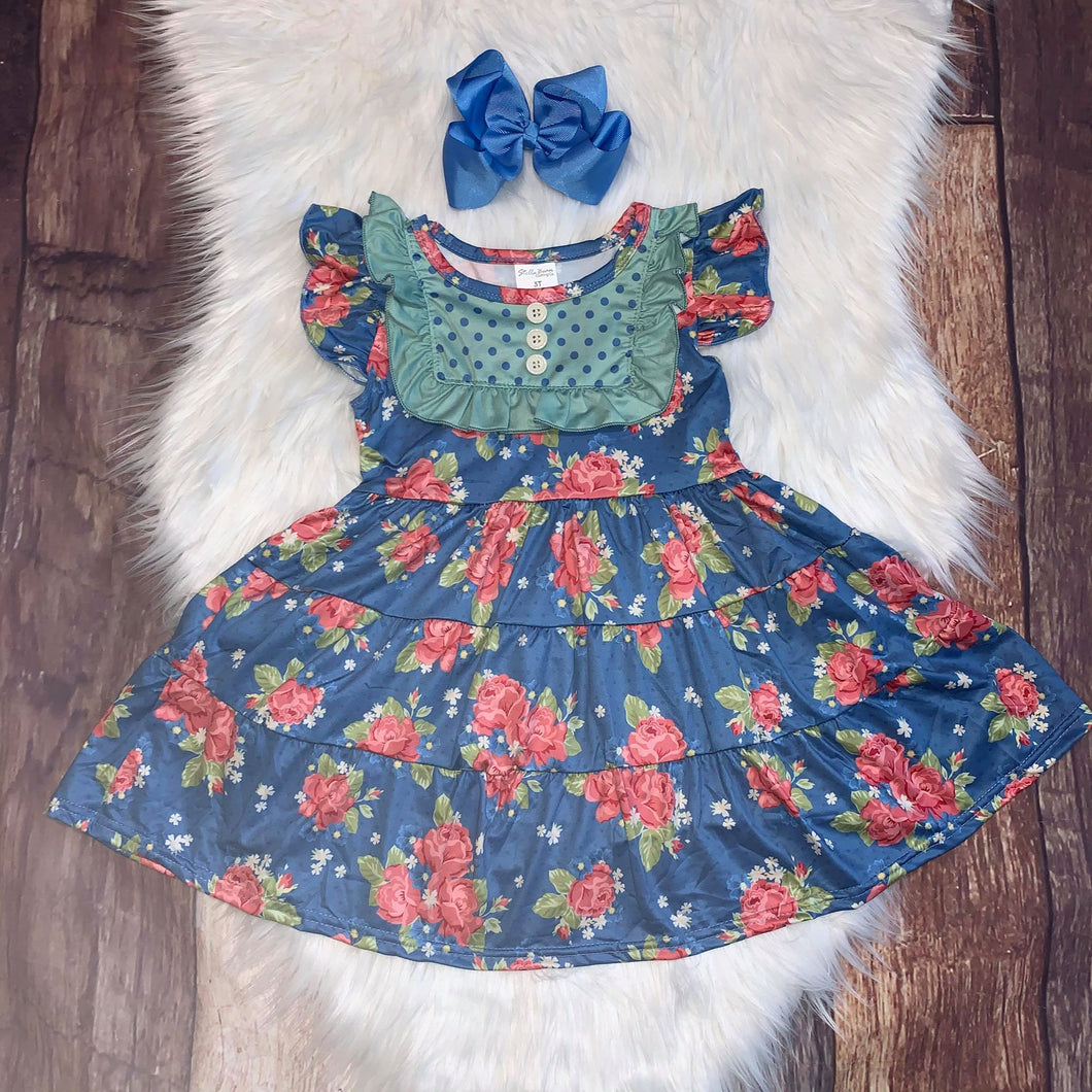 Blue and Red Floral Tiered Dress